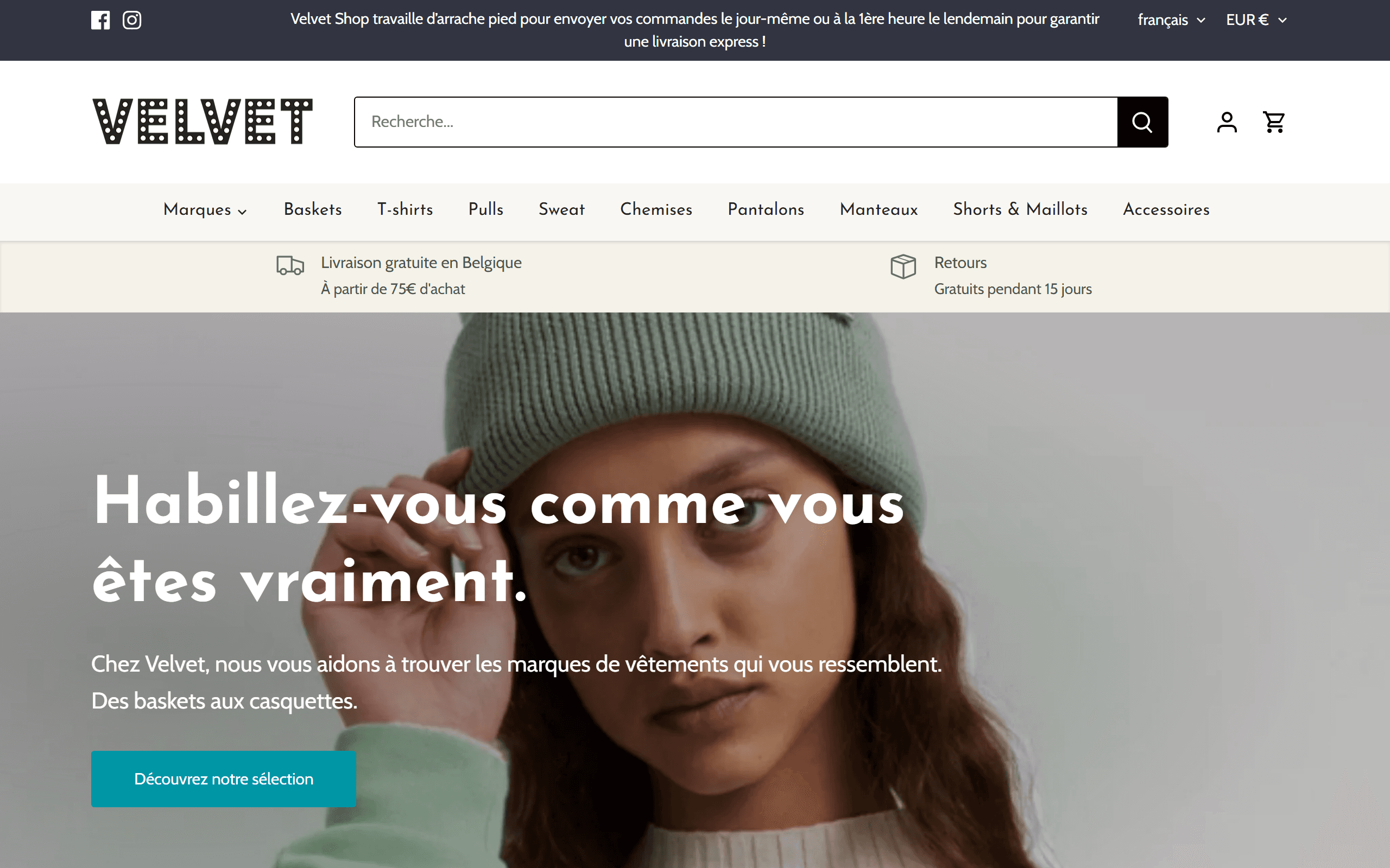 Capture du site e-commerce Velvet Shop boutique mode à Ixelles
